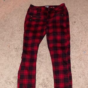 HT DENIM RED PLAID HI-RISE SUPER SKINNY JEANS